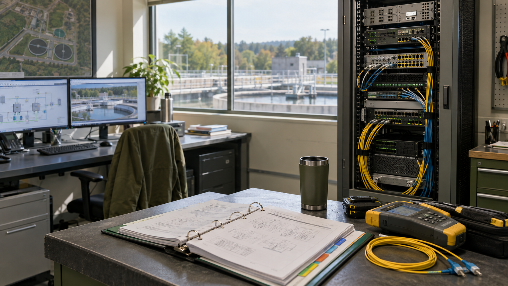 Illustrative industrial network workspace with documentation and test equipment